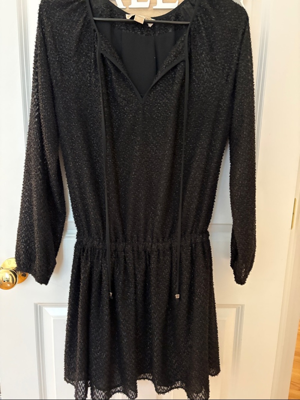 Michael Kors Black Long-Sleeve Textured V-Neck Dress